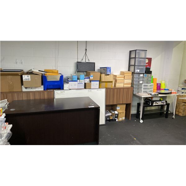 LARGE GROUP OF ASSORTED SHIPPING SUPPLIES, 2 MODERN OFFICE DESK HUTCHES, DARK WOOD DESK, COAT RACK,