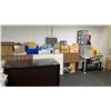 Image 1 : LARGE GROUP OF ASSORTED SHIPPING SUPPLIES, 2 MODERN OFFICE DESK HUTCHES, DARK WOOD DESK, COAT RACK,
