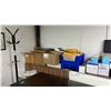 Image 2 : LARGE GROUP OF ASSORTED SHIPPING SUPPLIES, 2 MODERN OFFICE DESK HUTCHES, DARK WOOD DESK, COAT RACK,