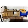 Image 4 : LARGE GROUP OF ASSORTED SHIPPING SUPPLIES, 2 MODERN OFFICE DESK HUTCHES, DARK WOOD DESK, COAT RACK,