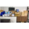 Image 5 : LARGE GROUP OF ASSORTED SHIPPING SUPPLIES, 2 MODERN OFFICE DESK HUTCHES, DARK WOOD DESK, COAT RACK,