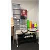 Image 6 : LARGE GROUP OF ASSORTED SHIPPING SUPPLIES, 2 MODERN OFFICE DESK HUTCHES, DARK WOOD DESK, COAT RACK,