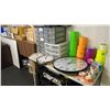 Image 7 : LARGE GROUP OF ASSORTED SHIPPING SUPPLIES, 2 MODERN OFFICE DESK HUTCHES, DARK WOOD DESK, COAT RACK,