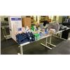 Image 2 : 2 WHITE ADJUSTABLE HEIGHT TABLES WITH ASSORTED OFFICE/SHIPPING SUPPLIES INCLUDING TAPE DISPENSERS,
