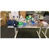 Image 3 : 2 WHITE ADJUSTABLE HEIGHT TABLES WITH ASSORTED OFFICE/SHIPPING SUPPLIES INCLUDING TAPE DISPENSERS,