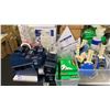 Image 8 : 2 WHITE ADJUSTABLE HEIGHT TABLES WITH ASSORTED OFFICE/SHIPPING SUPPLIES INCLUDING TAPE DISPENSERS,