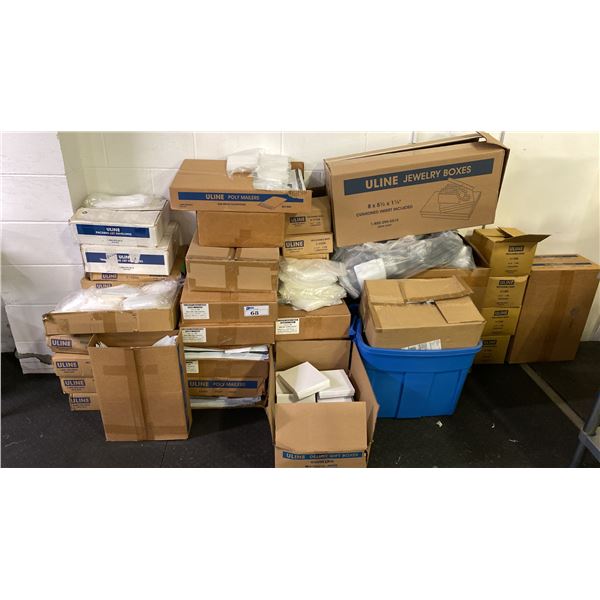 LARGE GROUP OF ASSORTED ULINE PACKAGING ENVELOPES, RECLOSABLE BAGS, JEWELRY BOXES, POLY MAILERS &