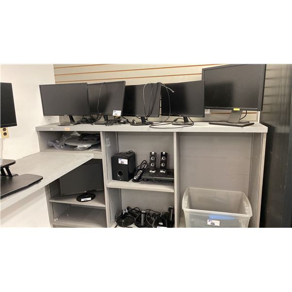 GROUP OF 5 ASSORTED COMPUTER MONITORS, VIEWSONIC MONITOR, COMPUTER SPEAKERS, MONITOR STANDS,