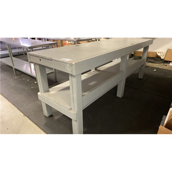 GREY SOLID WOOD TABLE APPROX 97"L X 30"D X 36"H