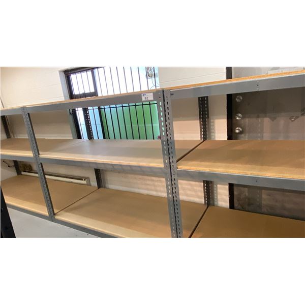 3 SECTIONS OF ULINE GREY METAL WOOD TOP ADJUSTABLE STORAGE SHELVING UNITS