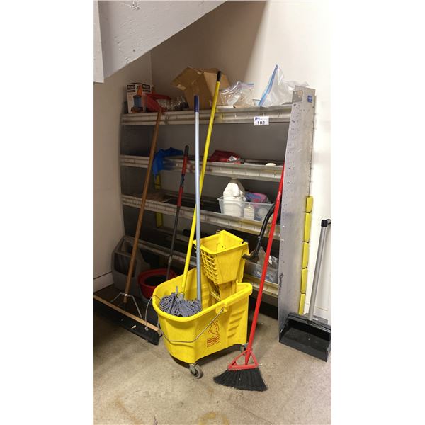 RANGER PRO LINE METAL SHELVING UNIT WITH ASSORTED JANITORIAL ITEMS & HARDWARE