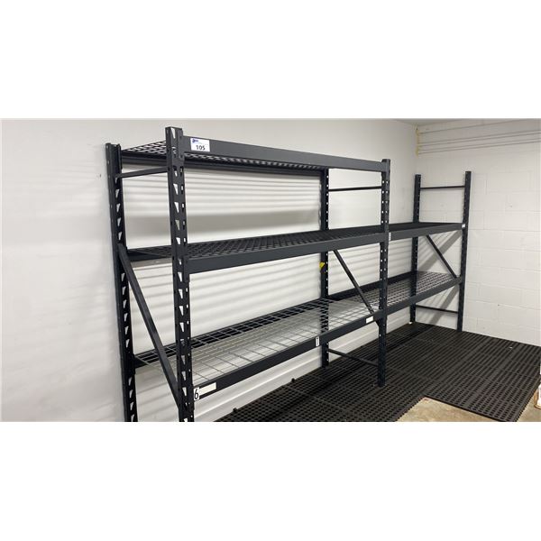 2 SECTIONS OF BLACK METAL HEAVY DUTY ADJUSTABLE SHELVING WITH MESH DECKING