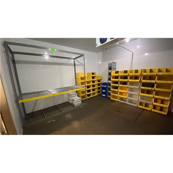 CONTENTS OF WALK IN COOLER- ASSORTED STORAGE BINS, RACKING & COLD PACKS