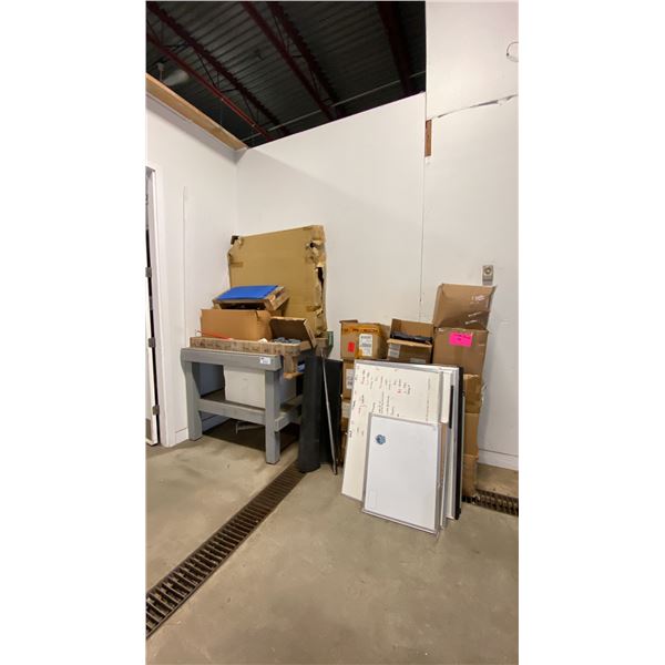 LARGE GROUP OF ASSORTED ITEMS- WOODEN TABLE, WHITEBOARD, CANNABIS PACKAGING BAGS, INTERLOCKING