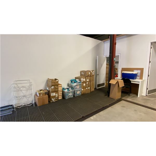 LARGE GROUP OF ASSORTED CANNABIS PACKAGING BAGS, SMALL WHITE DESK, FOLDING CHAIR, COOLER, NO