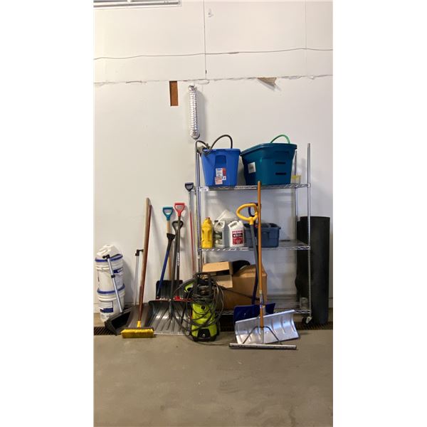 MOBILE METRO STYLE RACK, ELECTRIC PRESSURE WASHER, BROOMS, SHOVELS, ICE MELT, ASSORTED HOSES, LARGE