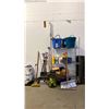 Image 1 : MOBILE METRO STYLE RACK, ELECTRIC PRESSURE WASHER, BROOMS, SHOVELS, ICE MELT, ASSORTED HOSES, LARGE