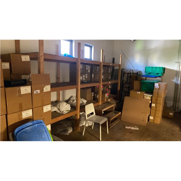 LARGE GROUP OF ASSORTED PACKAGING BOXES, JARS WITH LIDS, TINCTURE BOTTLES, SHELF RACKING, PLASTIC