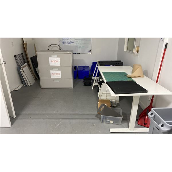 CONTENTS OF SINGLE SMALL UPSTAIRS OFFICE TOP OF STAIRS IN WAREHOUSE- FILING CABINETS, WHITE DESK