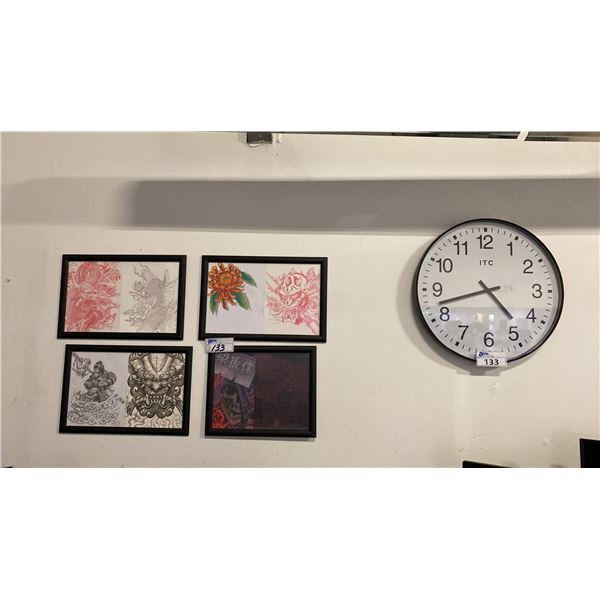 LARGE WALL CLOCK & 4 FRAMED "TATTOO" STYLE ARTWORK