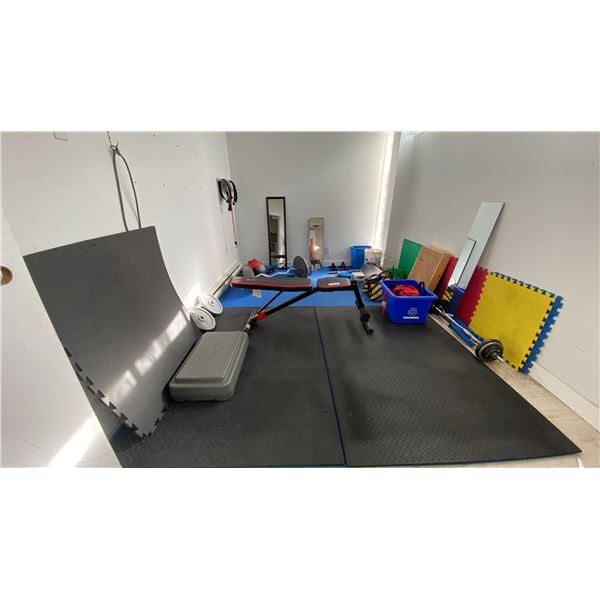 LARGE GROUP OF ASSORTED FITNESS EQUIPMENT & RUBBER FLOOR MATS