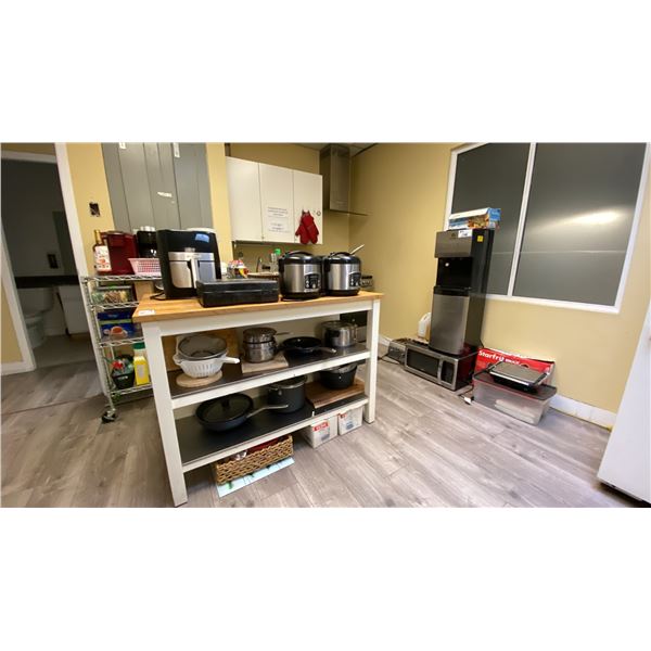 CONTENTS OF CORNER OF KITCHEN- ASSORTED DISHES, POTS PANS, MICROWAVE, WATER COOLER, COFFEE MAKERS,