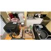 Image 5 : CONTENTS OF CORNER OF KITCHEN- ASSORTED DISHES, POTS PANS, MICROWAVE, WATER COOLER, COFFEE MAKERS,
