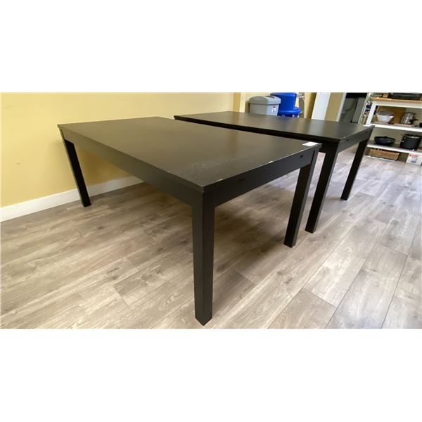 2 LARGE BLACK DINING TABLES & ROUND DINING TABLE APPROX 69"L