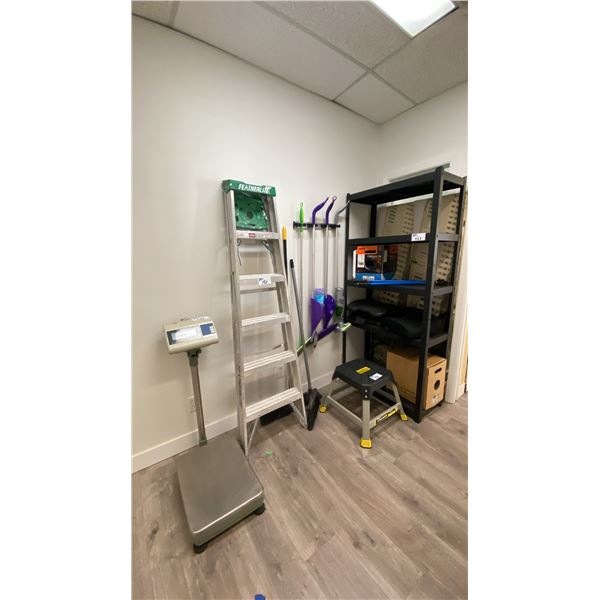 BLACK METAL SHELF, LADDER, STEP STOOL, ULINE SCALE, BOLT CUTTERS, SWIFFERS, BROOMS, CATEGORY 5E