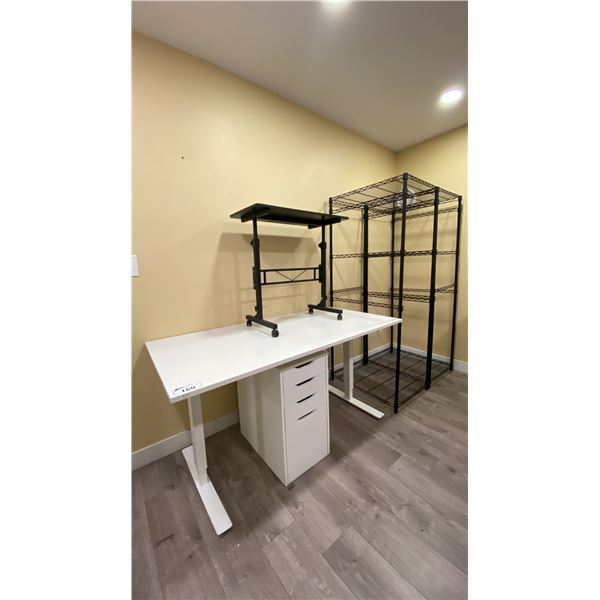 WHITE ADJUSTABLE HEIGHT DESK WITH 4 DRAWER FILING CABINET & BLACK MOBILE ADJUSTABLE LAPTOP DESK,