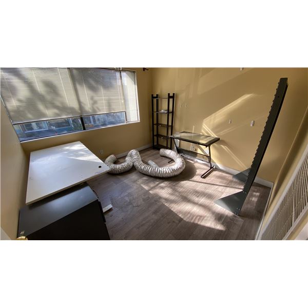 CONTENTS OF ROOM- WHITE ADJUSTABLE HEIGHT DESK, SMALL GREY 2 DRAWER FILING CABINET, SMALL GLASS TOP