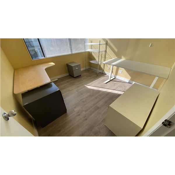CONTENTS OF ROOM- 2 ADJUSTABLE HEIGHT DESKS, 2 SMALL GREY 2 DRAWER FILING CABINET, SMALL STORAGE