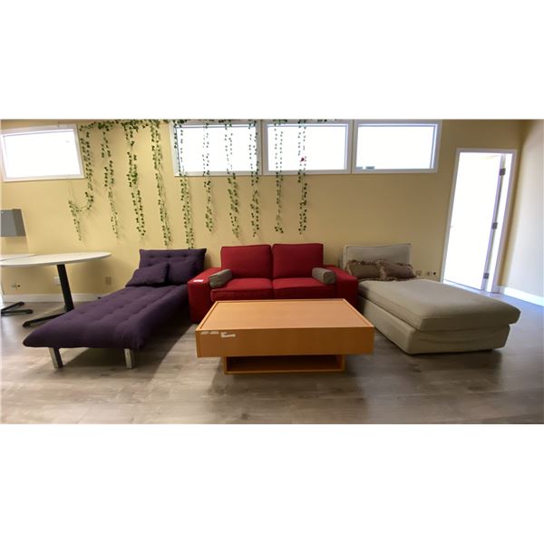 GROUP OF FURNITURE- 2 CHAISE LOUNGE, SMALL COFFEE TABLE & RED LOVE SEAT
