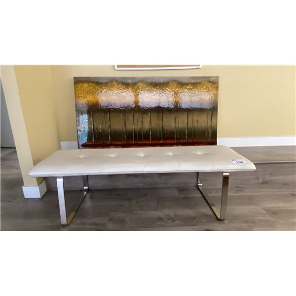 LARGE GLASS LOOK ARTWORK WITH WHITE LEATHER WITH CHROME BENCH SEAT *HAS STAIN*