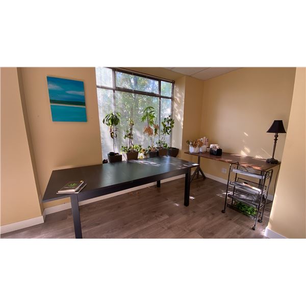 LARGE BLACK DINING TABLE, ASSORTED PLANTS, ADJUSTABLE HEIGHT DESK/TABLE, LAMP & SMALL MOBILE