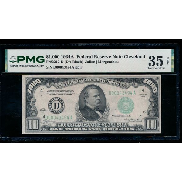 1934A $1000 Cleveland FRN PMG 35NET