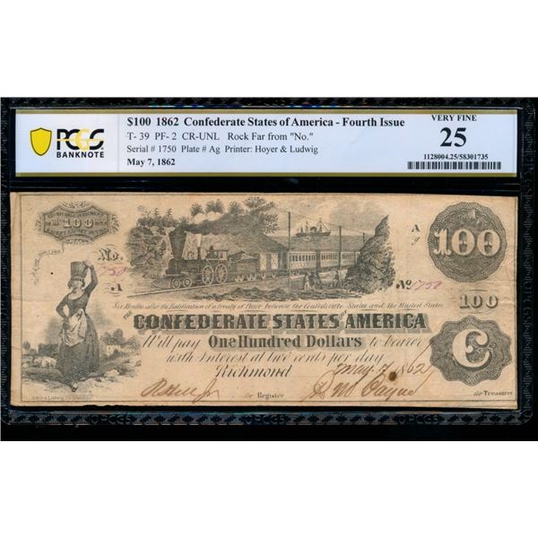 1862 $100 T-39 Confederate PCGS 25