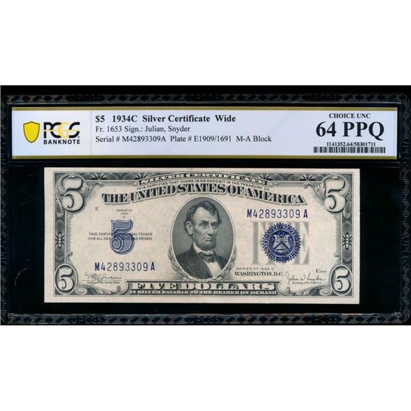 1934C $5 Silver Certificate PCGS 64PPQ