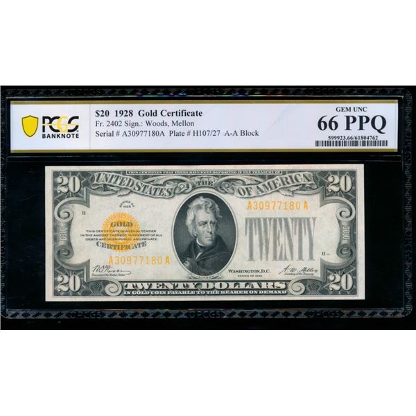 1928 $20 Gold Certificate PCGS 66PPQ