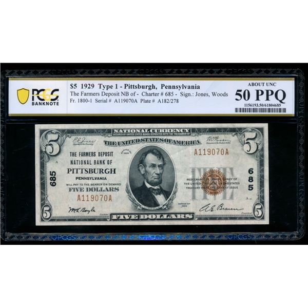 1929 $5 Pittsburgh PA National PCGS 50PPQ