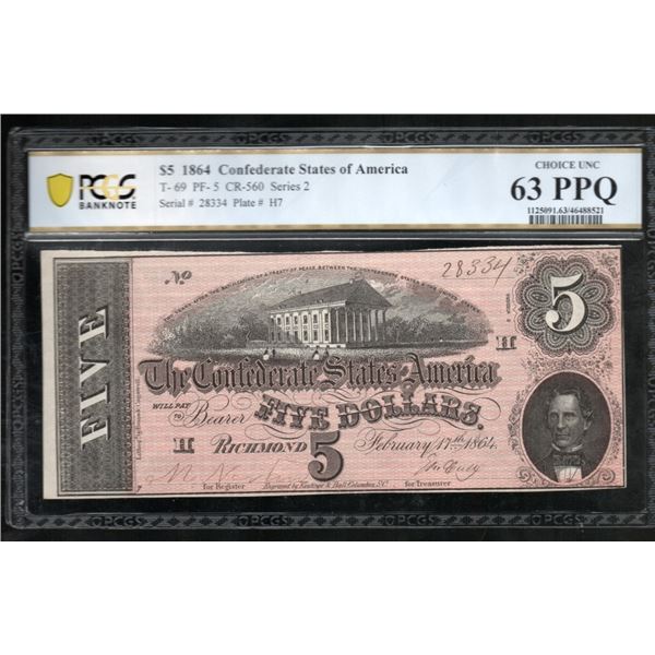1864 $5 T-69 Confederate PCGS 63PPQ