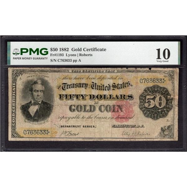 1882 $50 Gold Certificate PMG 10