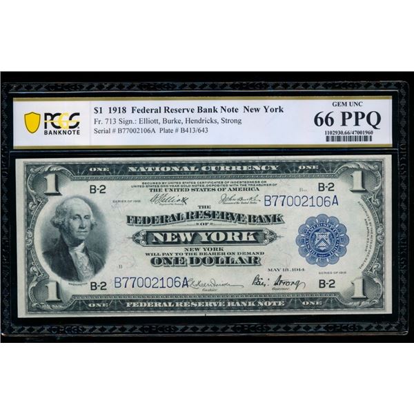 1918 $1 New York FRBN PCGS 66PPQ