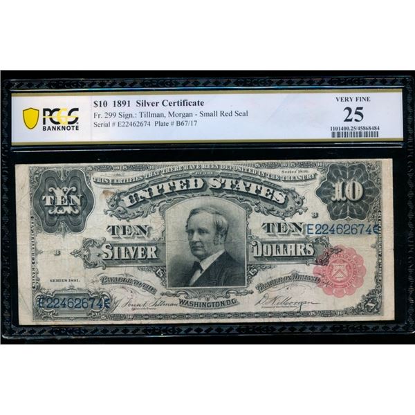 1891 $10 Tombstone Silver Certificate PCGS 25