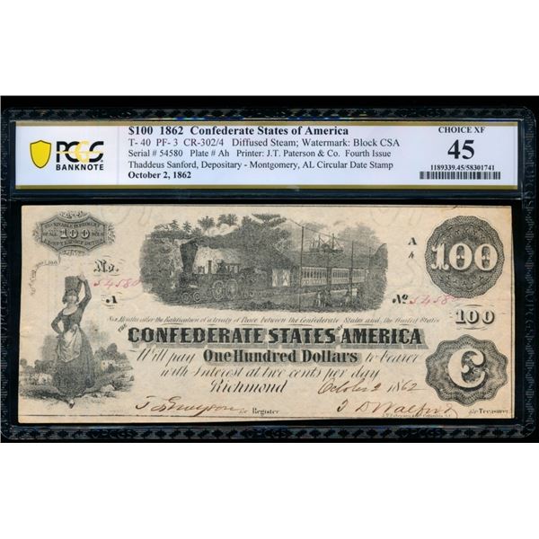 1862 $100 T-40 Confederate PCGS 45