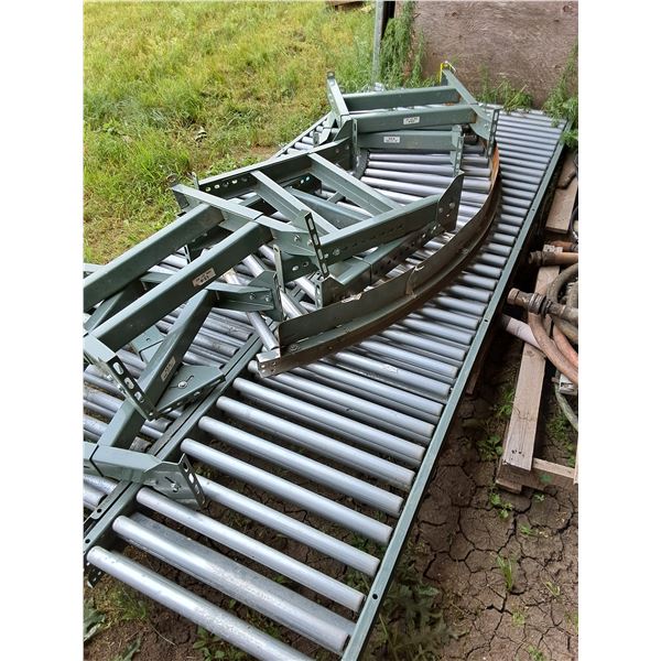 Hytrol Conveyor, with Legs, corners and (4) 10 ft straight sections