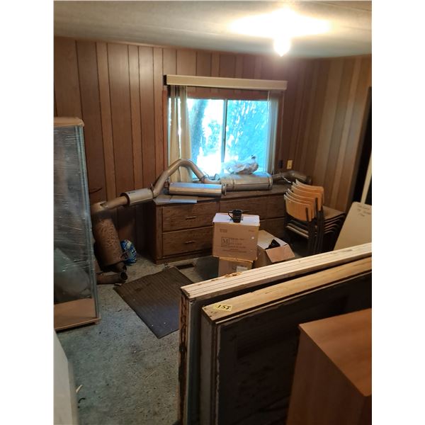 Room Contents - Dresser, Stove, 98 Dodge 1-Ton Tail Gate, Chairs, Mufflers, Display Case