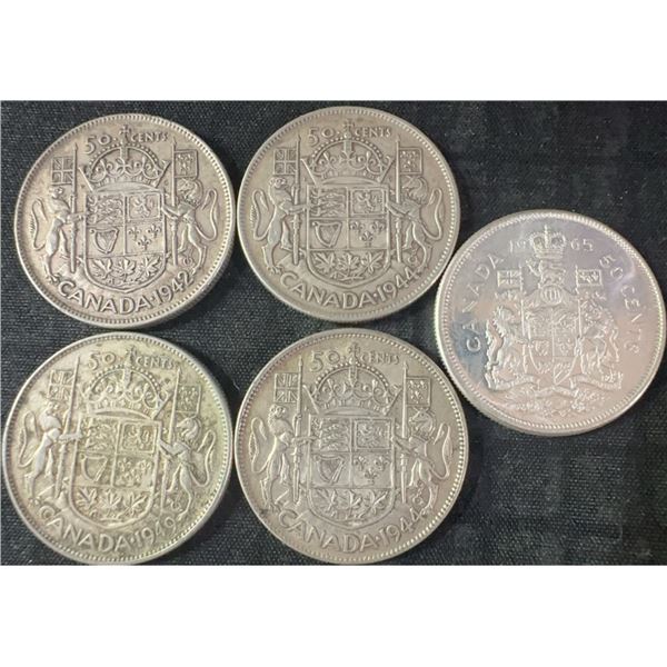 5 Canadian .800 Silver Half-Dollars, 58g Total