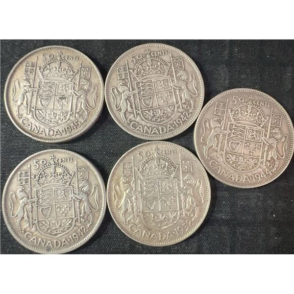 5 Canadian 50 Cent .800 Silver Coins, 1919-1936, 58g