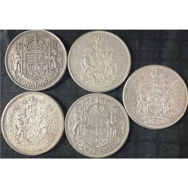 Five Canadian .800 Silver Half-Dollar Coins, 58g, 1.50 Troy Ounces